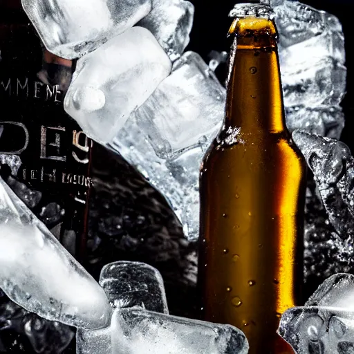 Image similar to an award - winning advertisement photo of a bottle of beer, very cold, ice, drammatic lighting, sigma 5 0 mm, ƒ / 8, behance