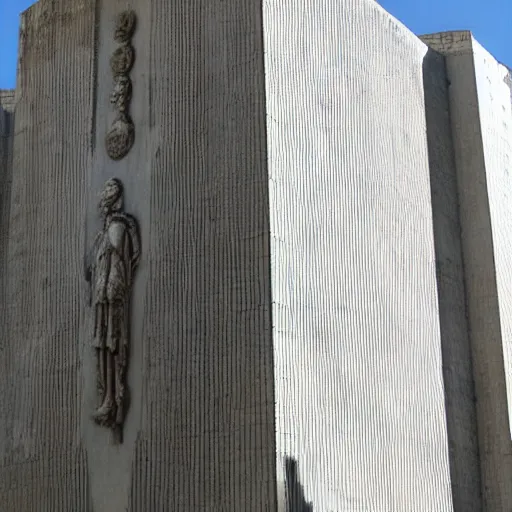 Image similar to a huge brutalist building with roman empire insignia hanging from the top of it