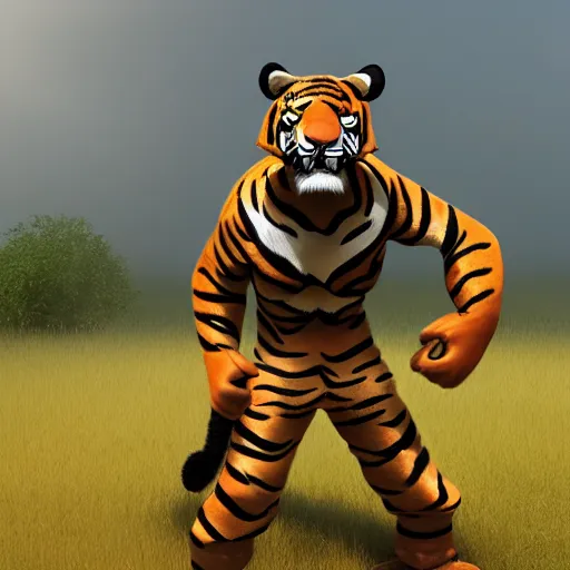 Image similar to Anthro tiger with soldier outfit, realistic, 4k, realistic, volumetric lightning