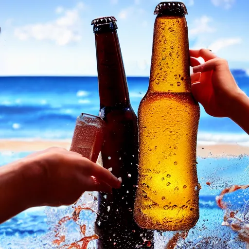 Prompt: a photo of a bottle of beer, product photo, splashes of liquid, beach background with young people having fun, energetic, delicate by marcel christ