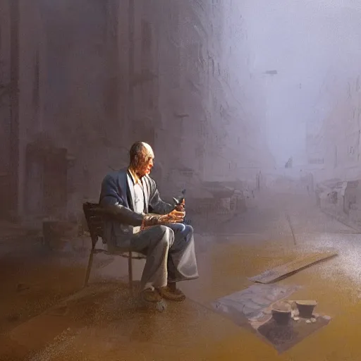 Image similar to a highly detailed epic cinematic concept art CG render digital painting artwork costume design: Henry Fonda as a 1950s tired disillusioned poet, barefoot, smoking a cigarette. volumetric lighting. By Greg Rutkowski, in the style of Francis Bacon and Syd Mead and Norman Rockwell and Beksinski, open ceiling, highly detailed, painted by Francis Bacon and Edward Hopper, painted by James Gilleard, surrealism, airbrush, Ilya Kuvshinov, WLOP, Stanley Artgerm, very coherent, triadic color scheme, realistic facial expression, art by Takato Yamamoto and James Jean