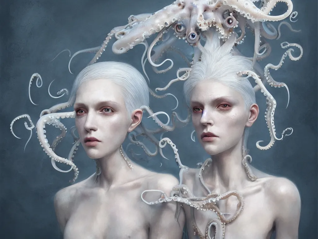 Prompt: kodak portra 4 0 0 fine art portrait by paolo roversi of a dystopian beautiful woman hybrid squid octopus in a scenic dystopian environment, white hair floating in air, elegant, highly detailed, digital art, artstation, concept art, smooth, sharp focus, donato giancola, tonal colors