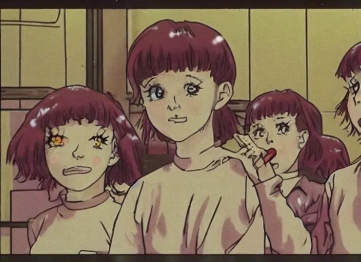 Prompt: screenshot from 8 0's horror guro anime, yellowed grainy noisy vhs footage, few schoolgirls trapped in a bathroom, stalls and sinks and tiled floor, sad scared girls are in beige sailor school uniforms, sitting on the floor, yelling at one another, detailed expressive faces, various hair colors and styles, expressive beautiful eyes in the style of ghibli,