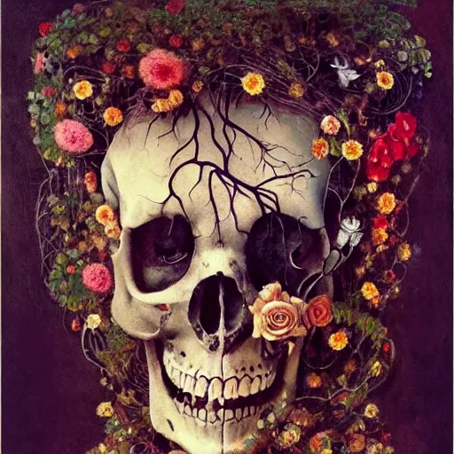 Prompt: 'Life from death' A beautiful detailed aesthetic horror portrait painting depicting 'A skeleton with vines and flowers growing all over it, birds and bees flying all around it' by Odilon Redon and giuseppe arcimboldo, Trending on cgsociety artstation, 8k, masterpiece, cinematic lighting.