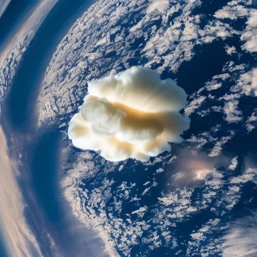 Image similar to a mushroom cloud from a nuclear explosion on earth as seen from space. the cloud is merging into the shape of a peace sign, photography, high quality, 8 k,