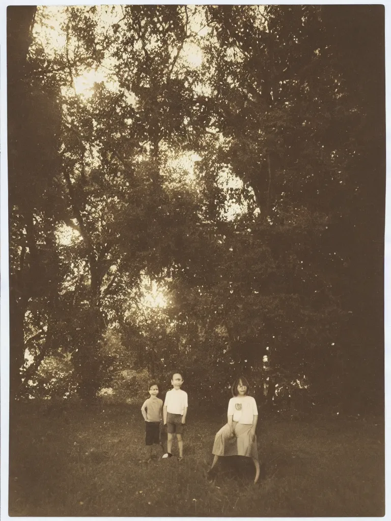 Image similar to a boy and a girl posing for a picture, a strong light behind them, at night, some trees in the background, old polaroid