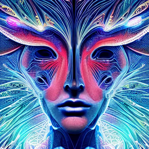 Image similar to Face of a Alien Deity, centered, corals, plume made of geometry, extremly detailed digital painting, sharp focus in the style of android jones, artwork of a futuristic artificial intelligence superstar with frames made of detailed circuits, mystical colors, rim light, beautiful lighting, 8k, stunning scene, raytracing, octane, under water visual distortion, dark tones colors, trending on artstation