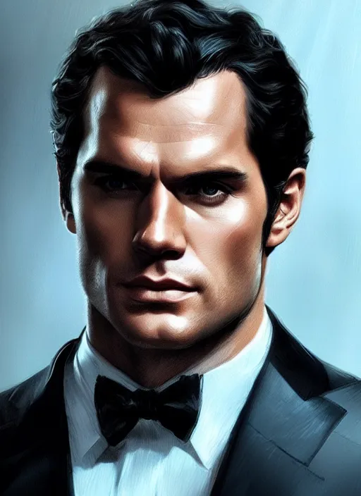 Image similar to portrait of henry cavill as james bond, casino, rain, fire, highly detailed, digital painting, artstation, concept art, cinematic lighting, sharp focus, illustration, art by artgerm and greg rutkowski and alphonse mucha