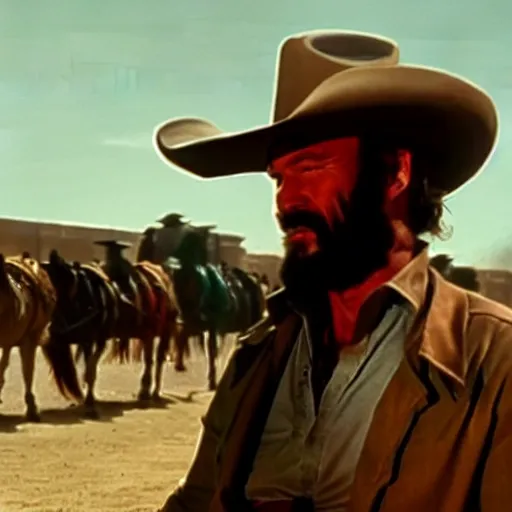 Prompt: a cowboy at high noon in the style of a clint eastwood movie, the good, the bad and the ugly, clint eastwood, steven seagal, bud spencer, donald trump, glory days, patriotism