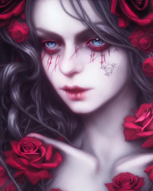 Image similar to dark angel surrounded by dark roses and skulls, very detailed, realistic face, detailed face, matte, tonemapping, bbwchan, perfection, 4 k, atmospheric, cushart krenz