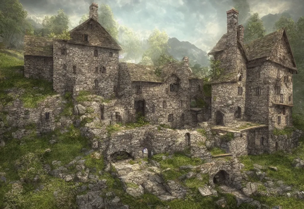 Prompt: a medieval stone house in a mountain near a river, extremely highly detailed, high quality, 8k HDR, trending on Artstation, concept art, cinematic lighting, DeviantArt, cartoon, anime style