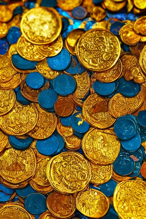 Image similar to intricate color photo of rishi sunak on top of a mountain of gold coins 8 k octane beautifully detailed render