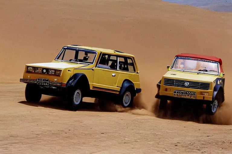 Prompt: 1 9 7 1 vw thing testarossa, dakar rally footage, speed