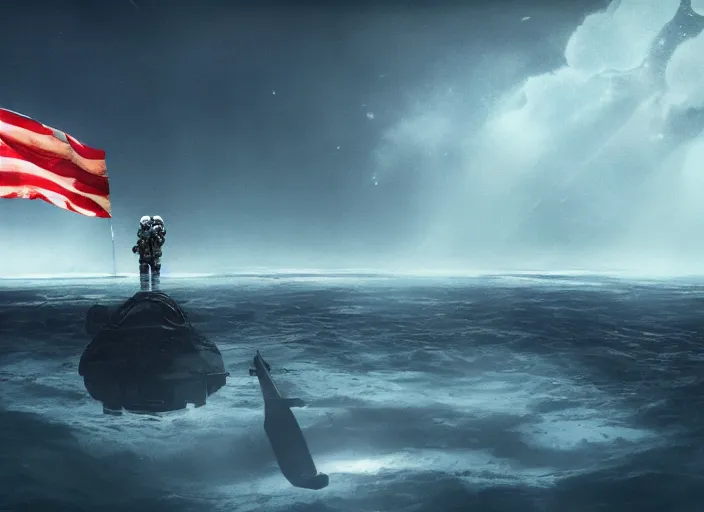 Image similar to astronaut holding a flag in an underwater desert. a submarine is visible in the distance. dark, concept art, cinematic, dramatic, atmospheric, 8 k, trending on artstation, blue, fish, low visibility, fog, ocean floor, christopher nolan, interstellar