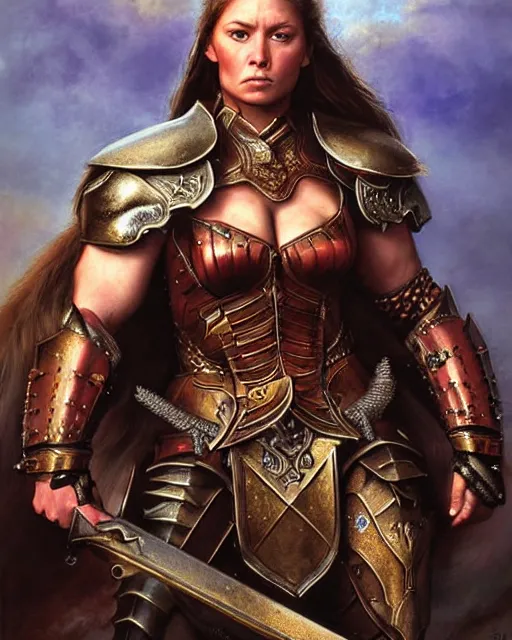 Image similar to a fierce and muscular warrior princess in full armor, fantasy character portrait by howard david johnson