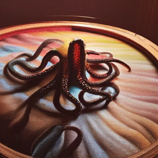 Image similar to octopus tentacles emerging creepily from beneath the lid of a box of crayons. 8 k photo with dramatic lighting.