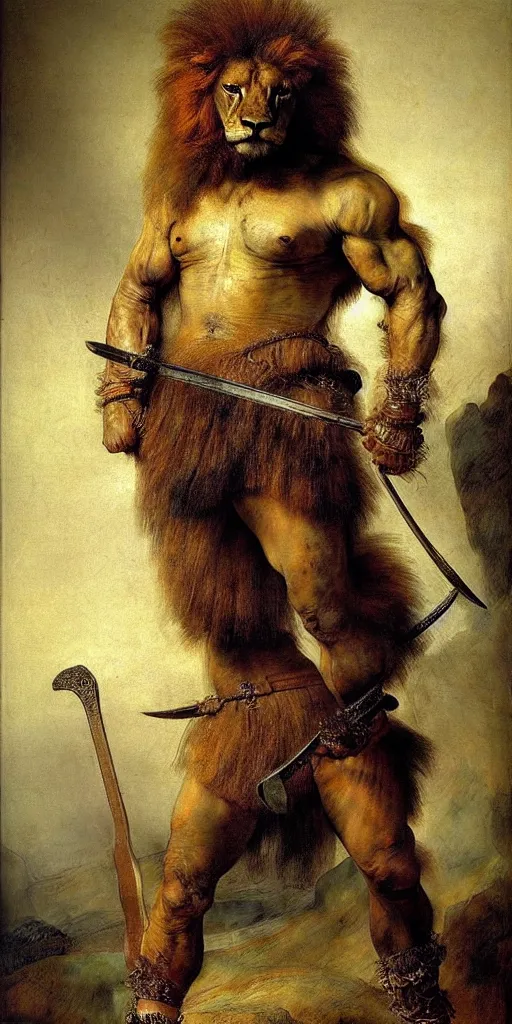 Prompt: muscular lion as barbarian hunter, full body with human legs ,very textured detailed oil painting by rembrandt