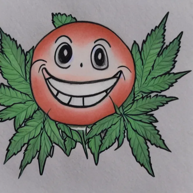 Image similar to cannabis leaf cartoon with a smiling face, colored pencil illustration