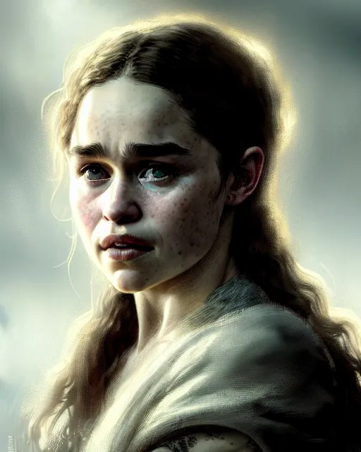 Image similar to emilia clarke teenage, character portrait, portrait, close up, concept art, intricate details, highly detailed by greg rutkowski, michael whelan and gustave dore