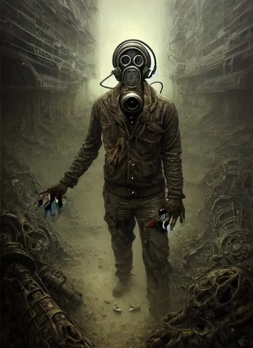 Prompt: portrait shot of zombie with gasmask in a scenic dystopian environment, intricate, elegant, highly detailed, centered, digital painting, artstation, concept art, smooth, sharp focus, illustration, artgerm, tomasz alen kopera, peter mohrbacher, donato giancola, joseph christian leyendecker, wlop, boris vallejo