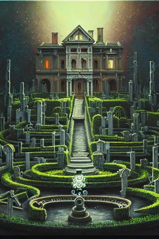 Prompt: a highly detailed painting of a haunted mansion with gardens and fountains surrounded by a cemetery, 1 9 8 0 s science fiction, 1 9 7 0 s science fiction, alien 1 9 7 9, cyberpunk, 3 d oil painting, depth perception, 4 k, artstation