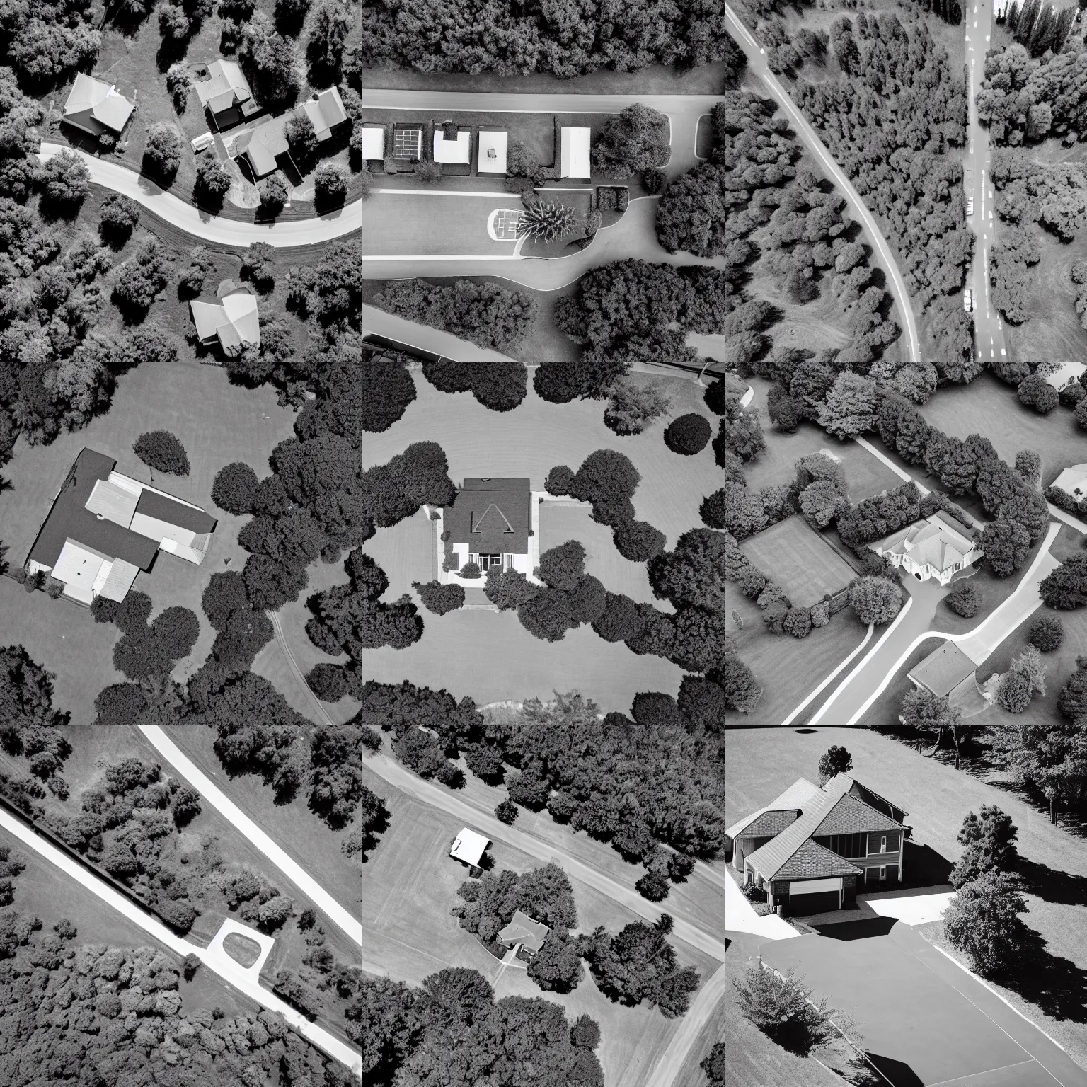 Prompt: black and white satellite image of a suburban house and driveway, taken looking straight down.