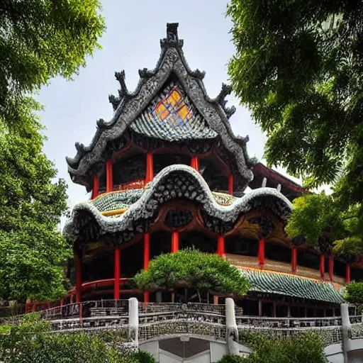 Image similar to a building designed by antonio gaudi in china suzhou gardens