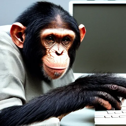 Prompt: chimp sitting at a desk with a crt monitor 📷