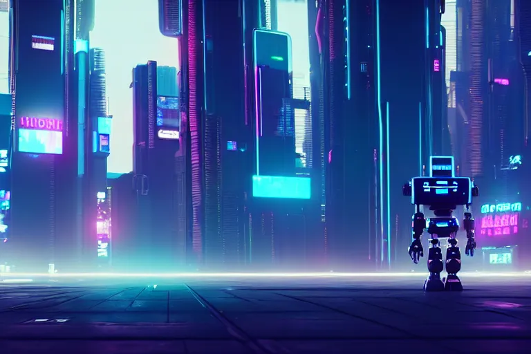 Image similar to a cute big robots in at cyberpunk city. super realistic 8 k render of a elegant, cinematic composition