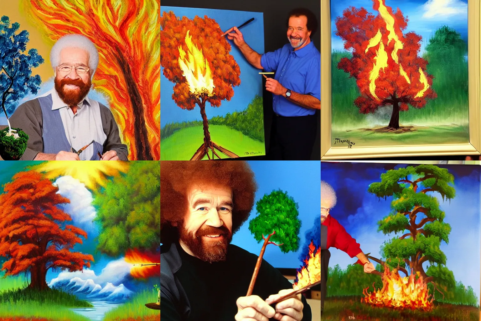 Prompt: a photo of Bob Ross painting his timeless masterpiece happy little tree on fire, acrylic on canvas