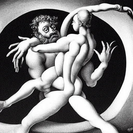 Image similar to optical illusion painting of a couple dancing in a worm hole, illusionism, mind blow, by michelangelo and salvador dali, detailed