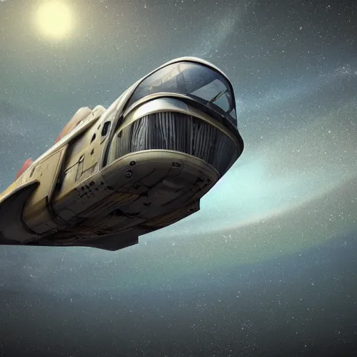 Image similar to concept design art of a spaceship made from a recycled bus, highly detailed render, photorealistic, it is flying through space