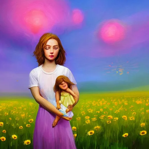 Image similar to daisy flower for a head, portrait of girl in flower field, holding daisy, surreal photography, sunrise, impressionist painting, colorful clouds, digital painting, artstation, simon stalenhag, flower face