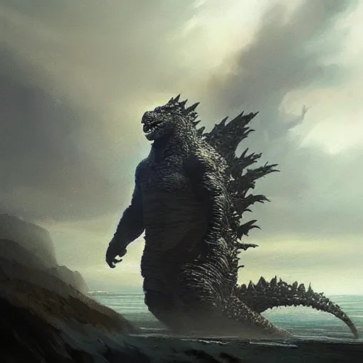 Image similar to godzilla, dramatic lighting, gorgeous view, high contrast, painted by greg rutkowski, digital art, trending on artstation