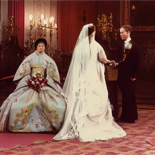 Prompt: a wide full shot, colored russian and japanese mix historical fantasy of a photograph taken of the royal wedding officiant addresses the couple, photographic portrait, warm lighting, 1 9 0 7 photo from the official wedding photographer for the royal wedding. ultra realistic, photorealistic, cinema, hyper realistic, depth of field, film still.