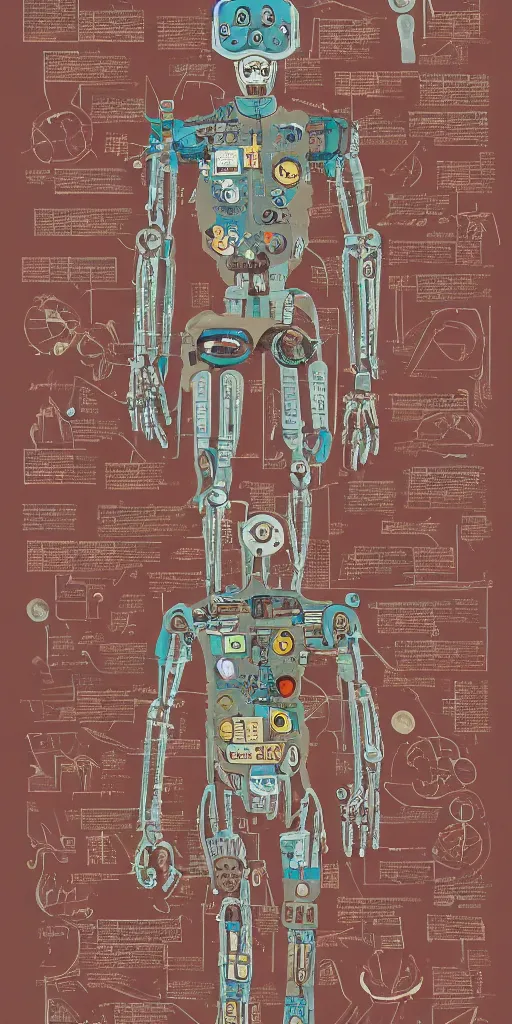 Image similar to anatomy of the terminator, robot, cyborg, t100, diagrams, map, marginalia, sketchbook, old script, inhabited initials, pastel infographic by Wes Anderson and victo ngai