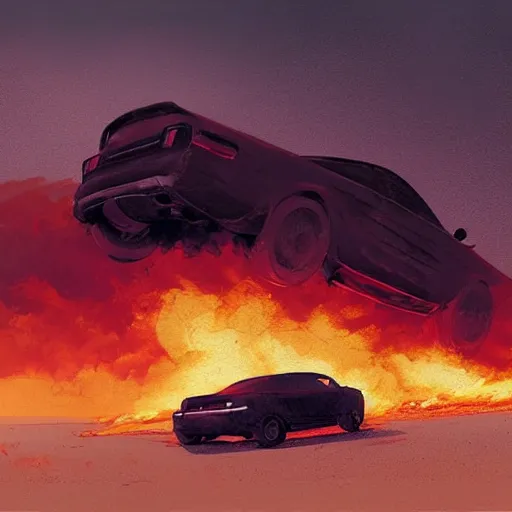 Image similar to A car on fire in a desert while the silhouette of a man is watching this sad spectacle | painting by Greg Rutkowski