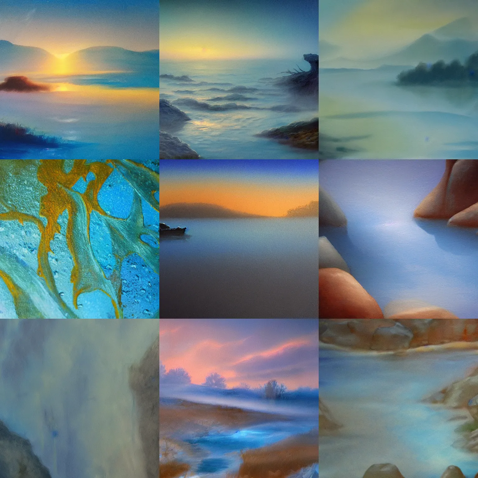 Prompt: closeup fantasy with water magic, at gentle dawn blue light, paleolithic painting