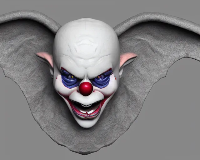 Image similar to 3d sculpt of a relief of a evil clown face with huge bat wings, skull, artstation, digital illustration, league of legends, dark souls