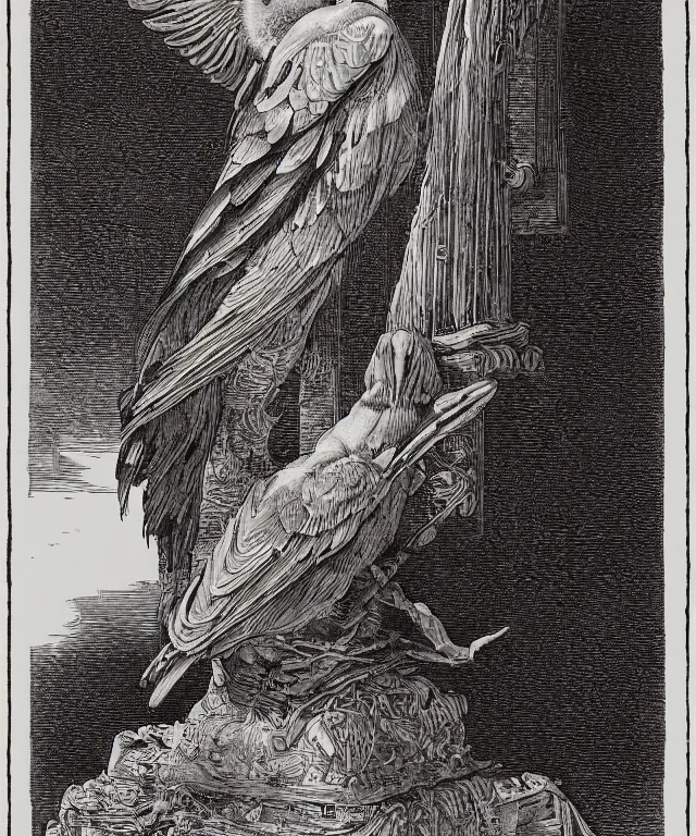 Image similar to raven sitting on a bust of pallas above a door, art by james o barr and albrecht durer and gustave dore, woodblock print, engraved, black and white, vector, vector art