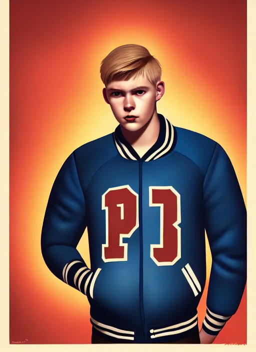 Image similar to portrait of high school senior boy named big moose, blonde short hair, jock, beefy, wide face, square jaw, square facial structure, blue varsity jacket with letter r, intricate, elegant, glowing lights, highly detailed, digital painting, artstation, concept art, sharp focus, illustration, art by wlop, mars ravelo and greg rutkowski