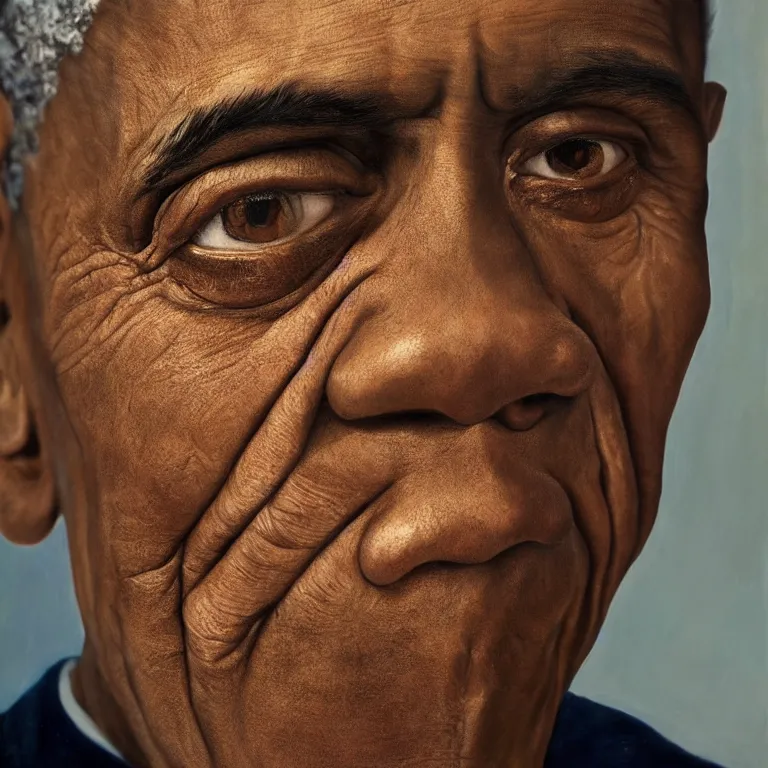 Prompt: hyperrealistic close up studio portrait of aging old Barack Obama age 85 wrinkled weeping, oil painting by Ivan Albright and Lucian Freud and Ron Mueck, trending on artstation Studio lighting hyperrealism