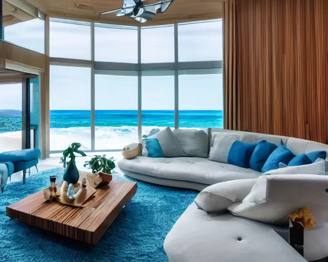 Image similar to A modern living room in a ocean hues style, ocean view, luxurious wooden coffee table, calm, relaxed style, harmony, wide angle shot, 8k resolution