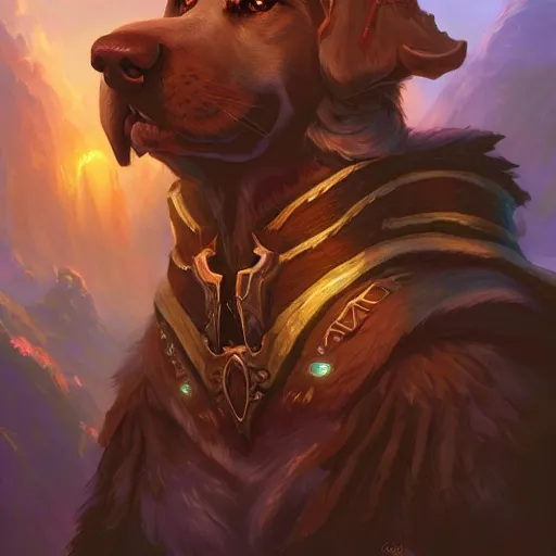 Prompt: Portrait of a aesthetic Dog in World of Warcraft, cover art, ultra wide lens shot, pretty, beautiful, DnD character art portrait, matte fantasy painting, DeviantArt Artstation, by Jason Felix by Steve Argyle by Tyler Jacobson by Peter Mohrbacher, cinematic lighting