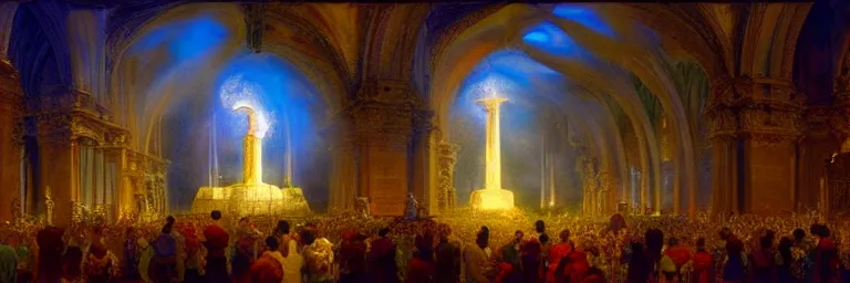 Image similar to a crowd of worshipers praying to a portal to heaven, by James Gurney, luminous lighting, cinematic, panoramic, aspect ratio 1:3