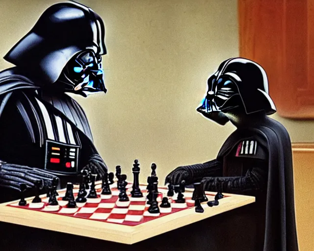 Image similar to darth vader playing chess with a witch