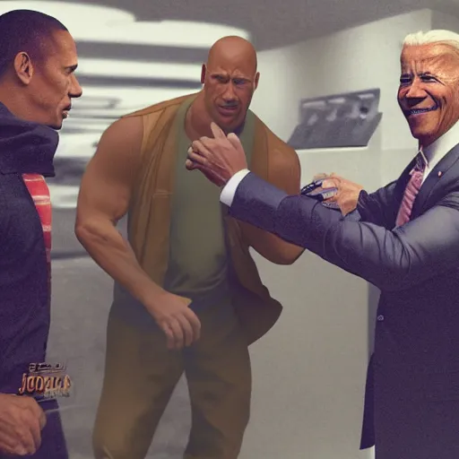 Image similar to dwayne the rock johnson robbing a 7 / 1 1 with joe biden and obama, cinematic, fantasy artwork, dyanic lighting, detailed, raytracing, realistic