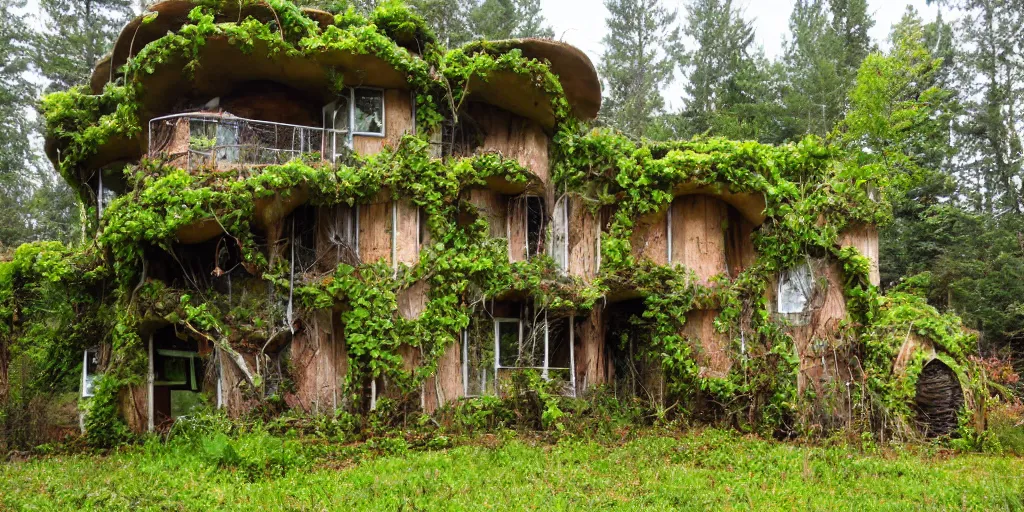 Prompt: multi story house made from enormous mushroom, vines, pacific northwest