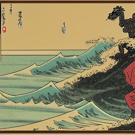 Prompt: samurai on a beach facing the sea, godzilla coming out of water causing a tsunami, ukiyo - e, japanese wood painting