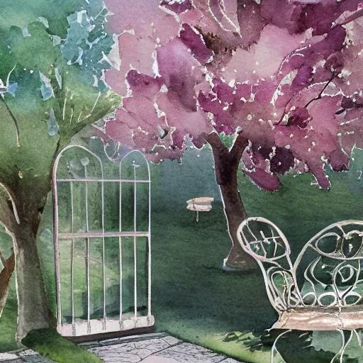 Image similar to delicate, chairs, garden, paved, botanic watercolors, iridescent, 8 k, realistic shaded, fine details, artstation, italian, iron gate, tree, mediterranean, alien world